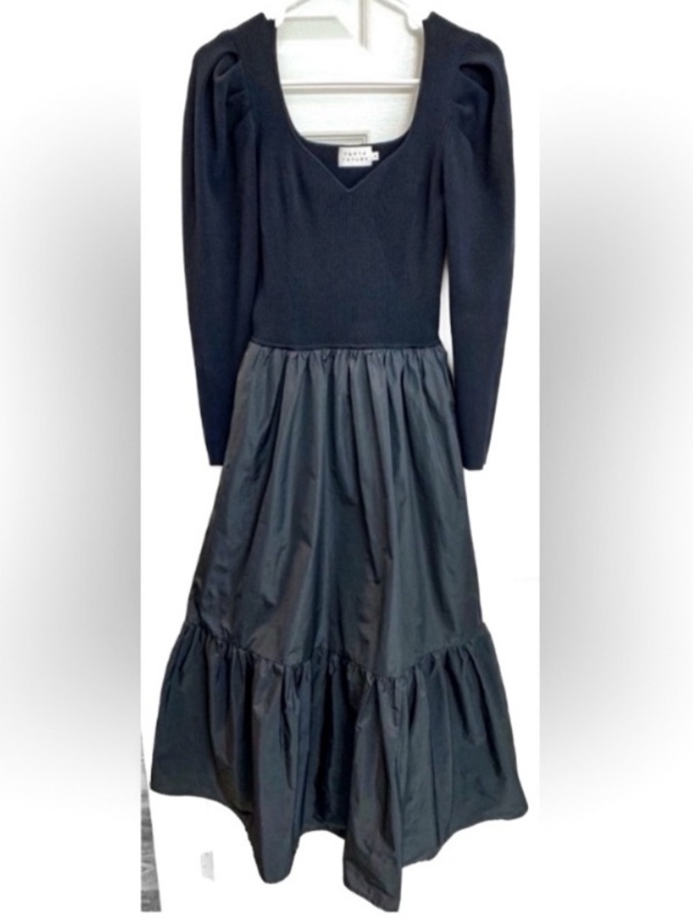 Tanya Taylor Black Puff Sleeve Midi Dress w/ Sweater Top & Taffeta Skirt